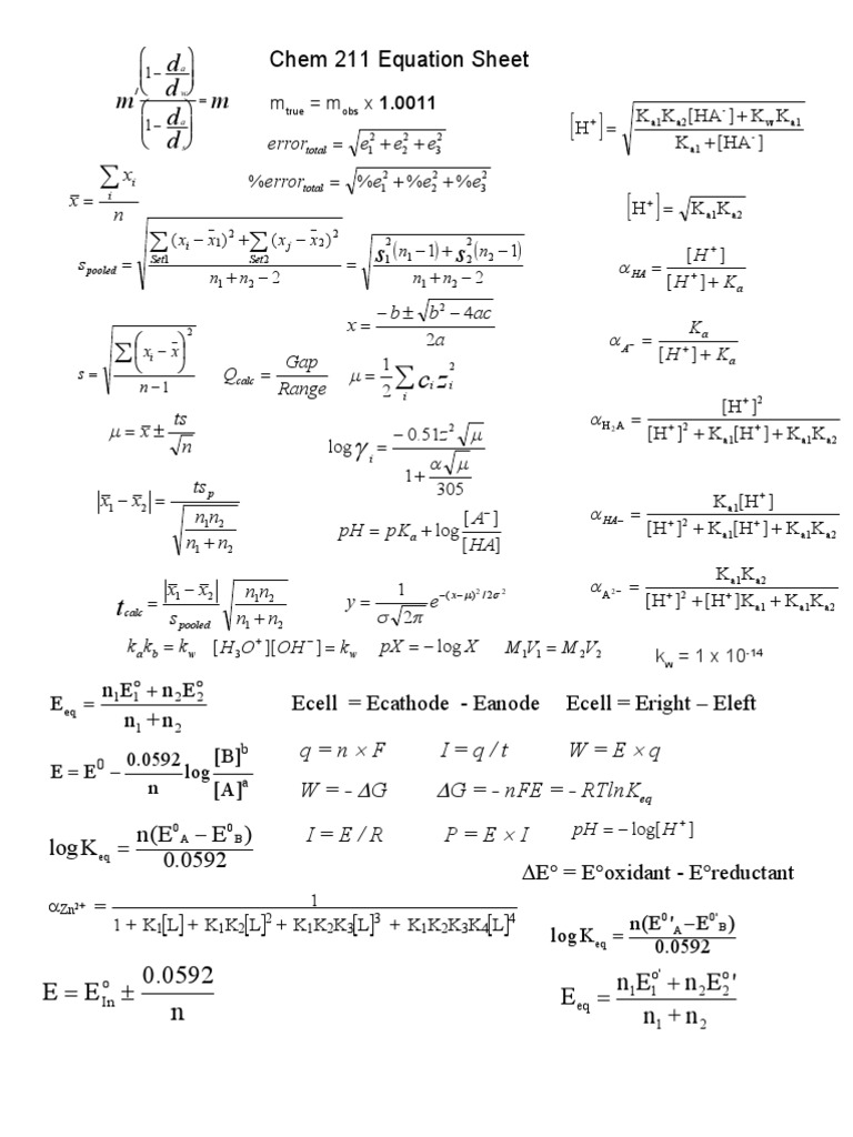 Equation Sheet | PDF | Chemistry | Physical Sciences