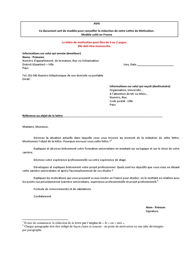 Exemple de Lettre de Motivation en Français PDF PDF