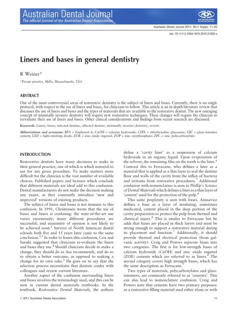 Liners and Bases in Restorative Dentistry | PDF | Dental Composite ...