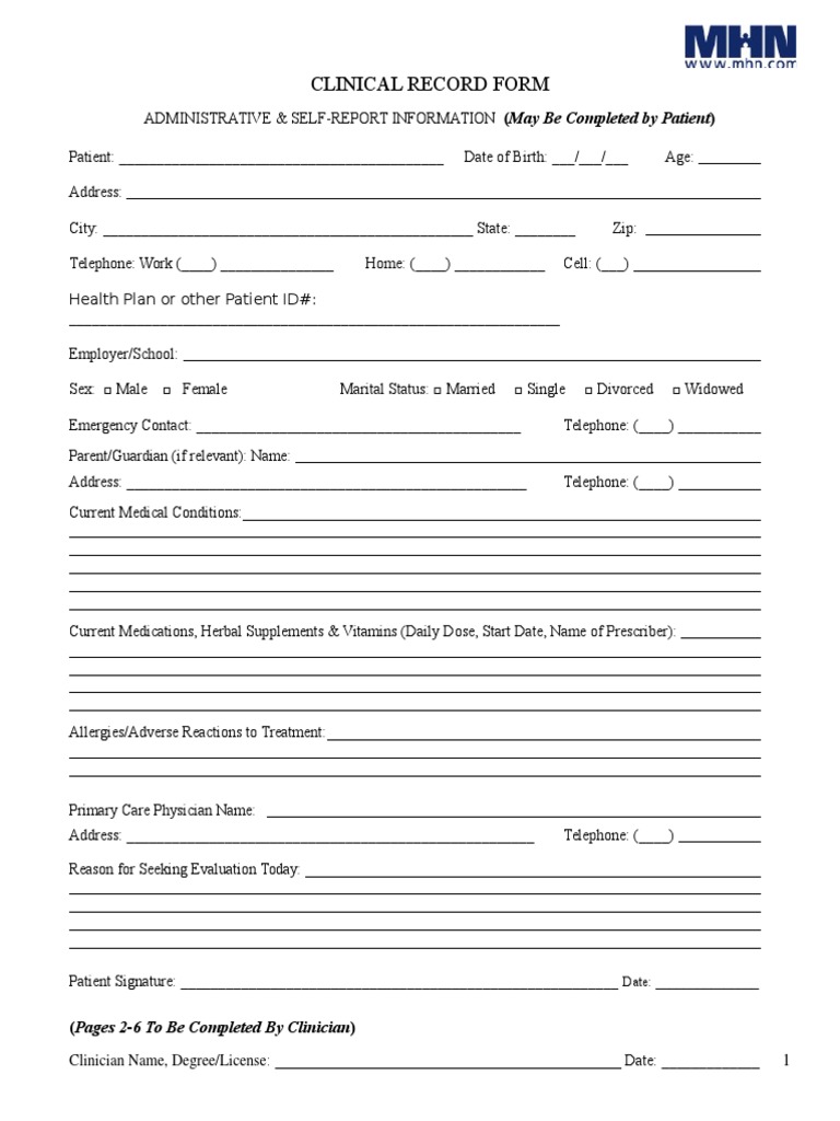 Clinical Record Form: (May Be Completed by Patient) | PDF