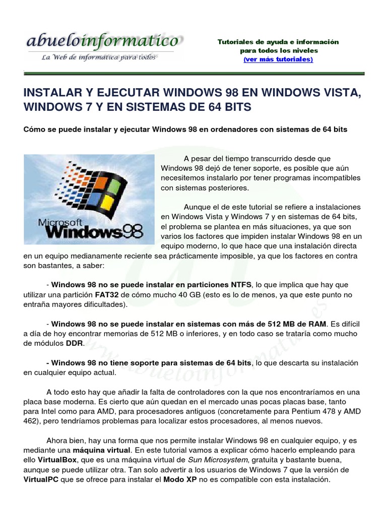 Windows98 en Windows7 | PDF | Microsoft Windows | Computación de 64 bits