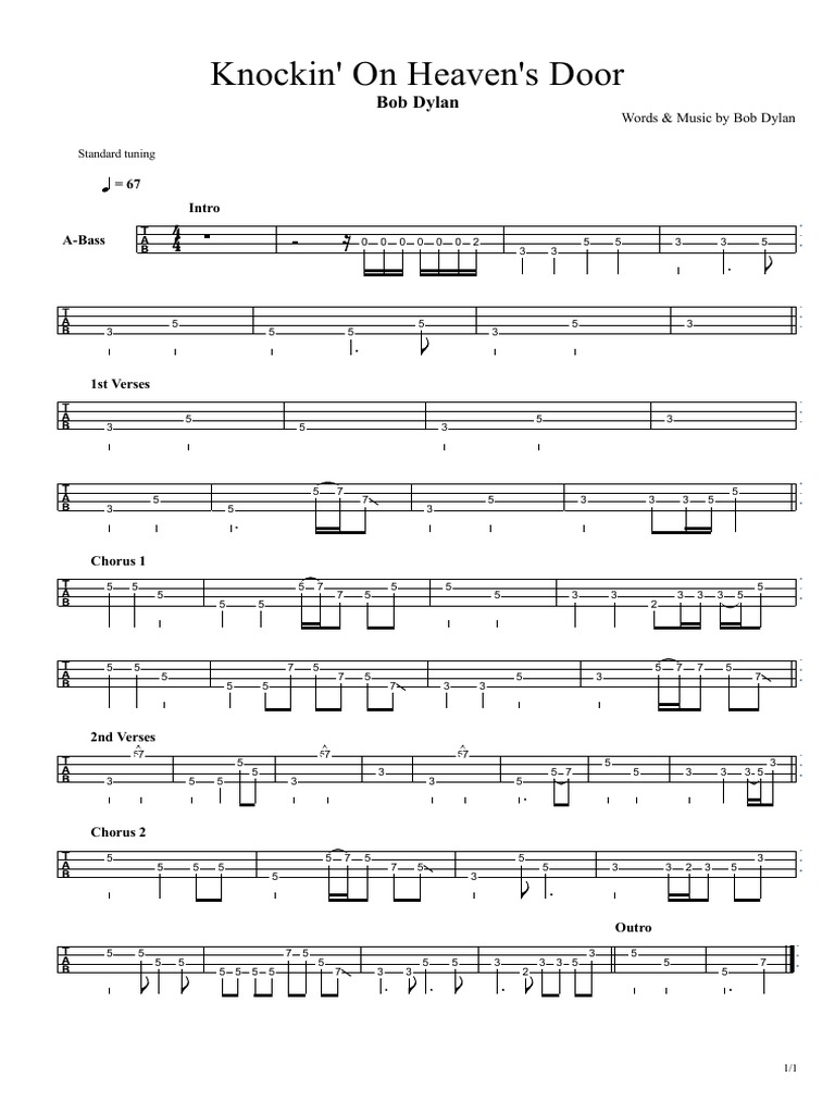 Bob Dylan Knocking on Heavens Door Bass Tab