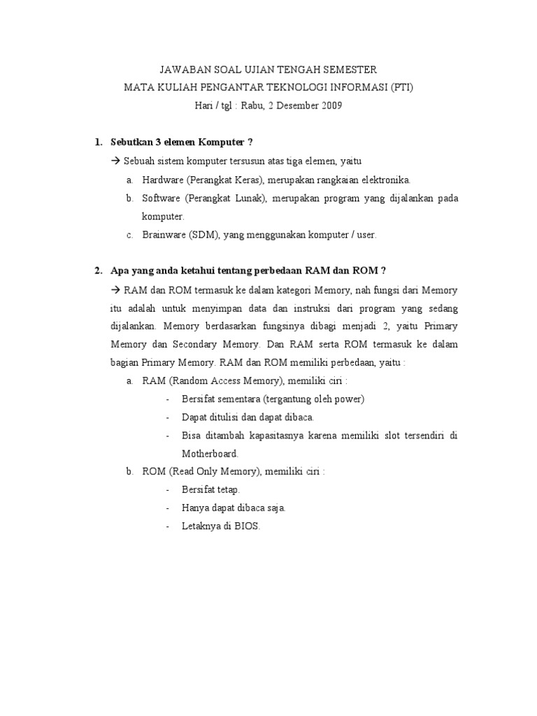 Jawaban Soal Ujian Tengah Semester Pengantar Teknologi