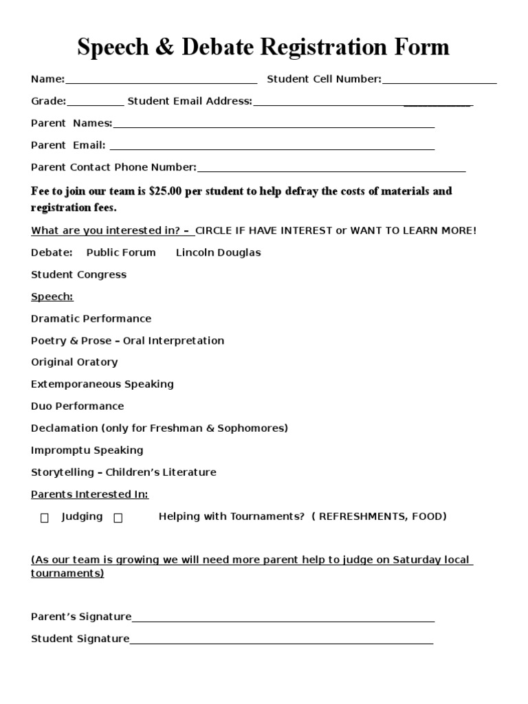 Speech & Debate Team Registration Form | PDF