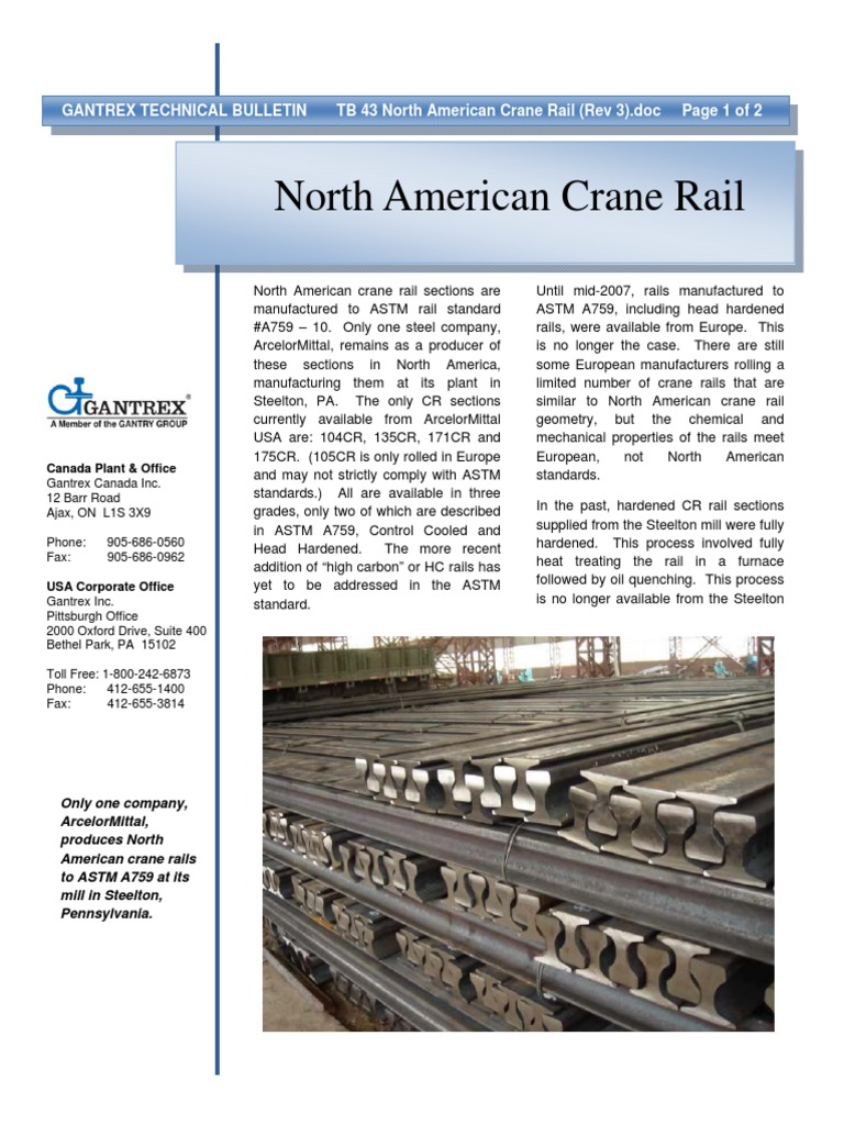 Gantrex North American Crane Rail Info | PDF | Ultimate Tensile ...