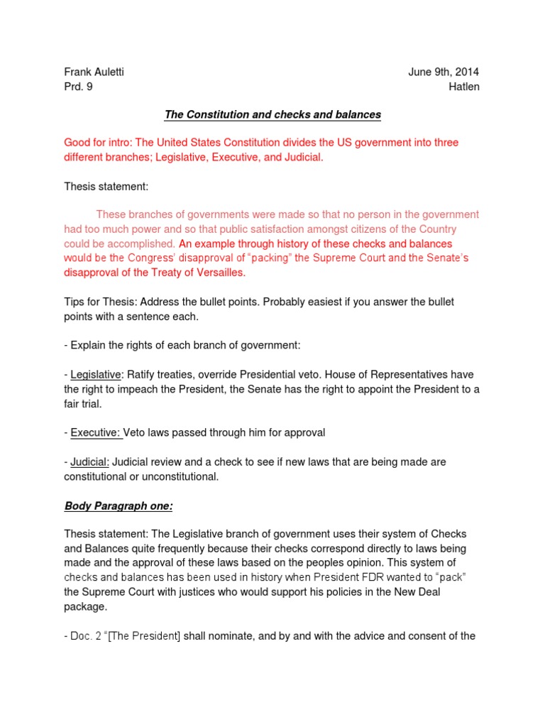 Hatlen Outline 2 (DBQ On Checks and Balances) PDF Separation Of