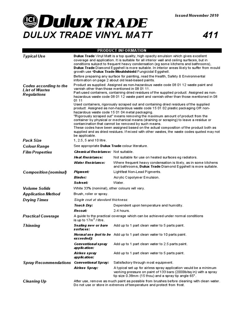 Dulux Trade Vinyl Matt interior paint product guide PDF Paint