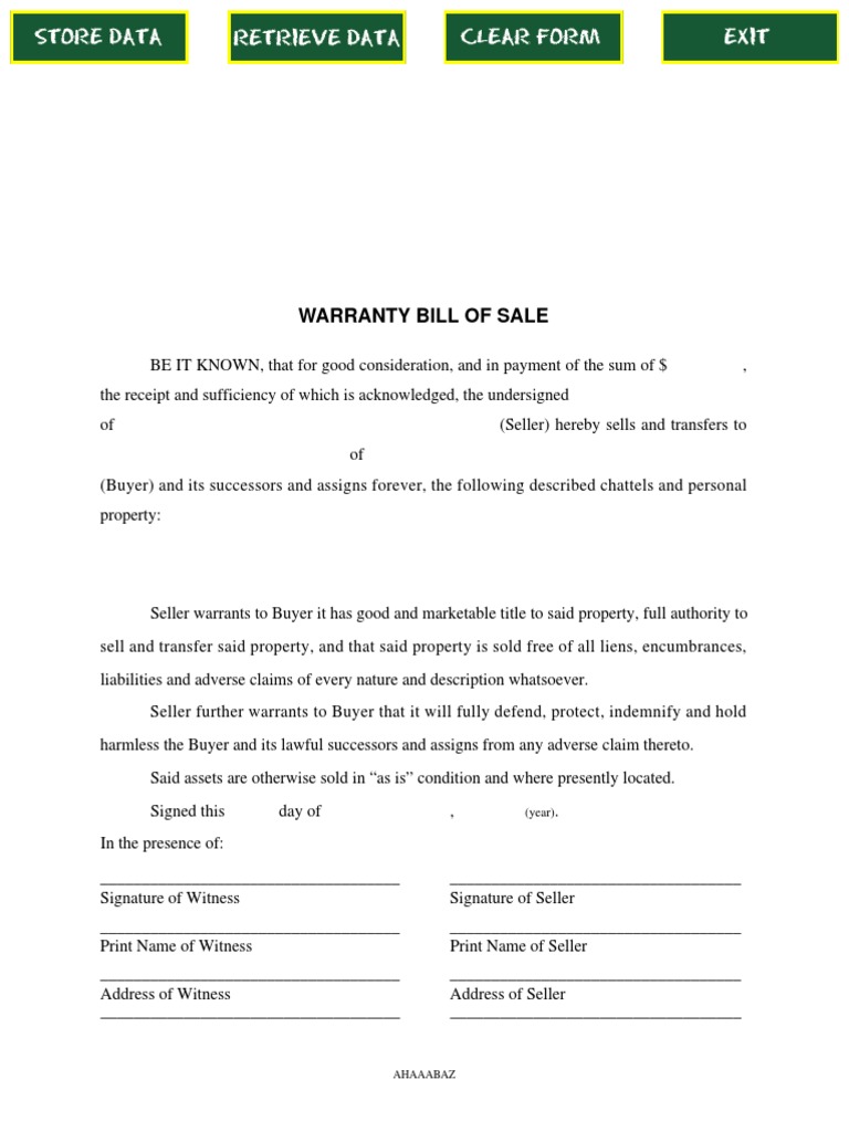 Warranty Bill of Sale (Year) PDF