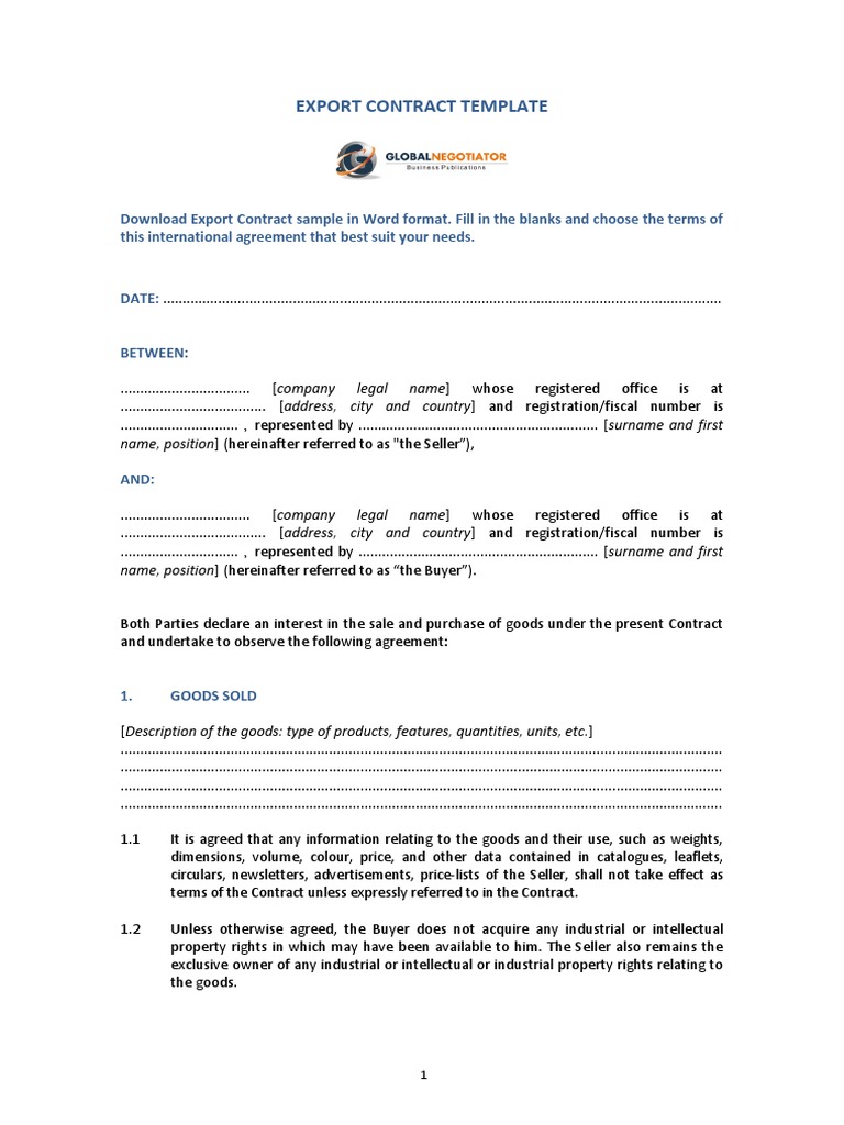 Export Contract Template Sample PDF Business Private Law