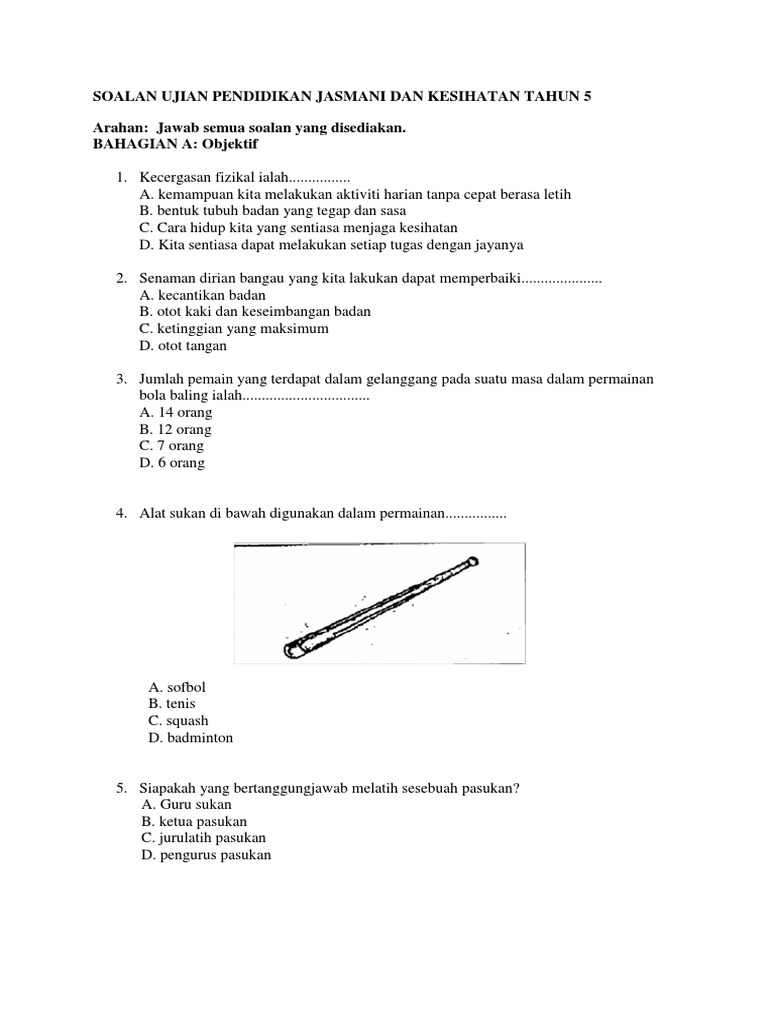 Soalan Ujian Bulanan Pendidikan Jasmani Dan Kesihatan Tahun 5 Sekolah Rendah Pdf