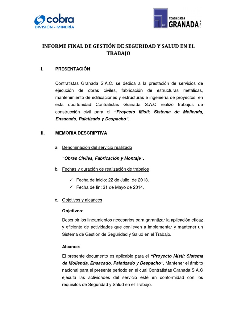 Informe Final de Gestión de Seguridad y Salud en El Trabajo | PDF | Granada