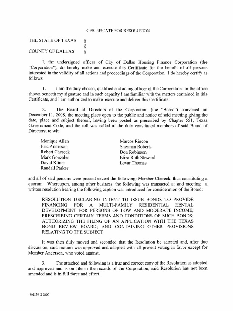 Resolution Declaring Intent To Issue Bonds Executed 12-11-2008 | PDF ...