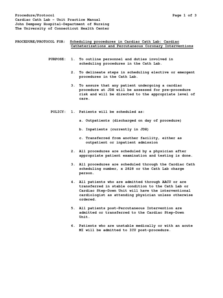 Scheduling Procedures Cath Lab PDF Percutaneous Coronary