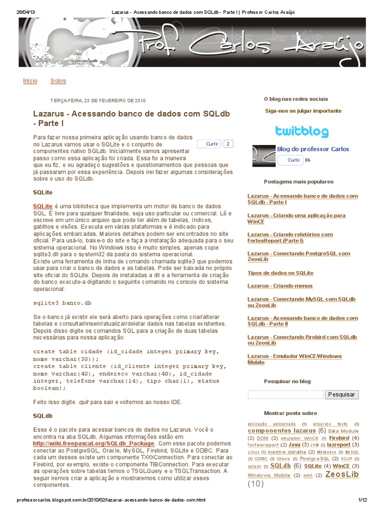 Acessando SQLite com SQLdb no Lazarus | PDF | Biblioteca (informática ...