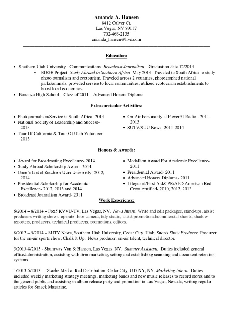Amanda Hansen's Broadcast Journalism CV | PDF