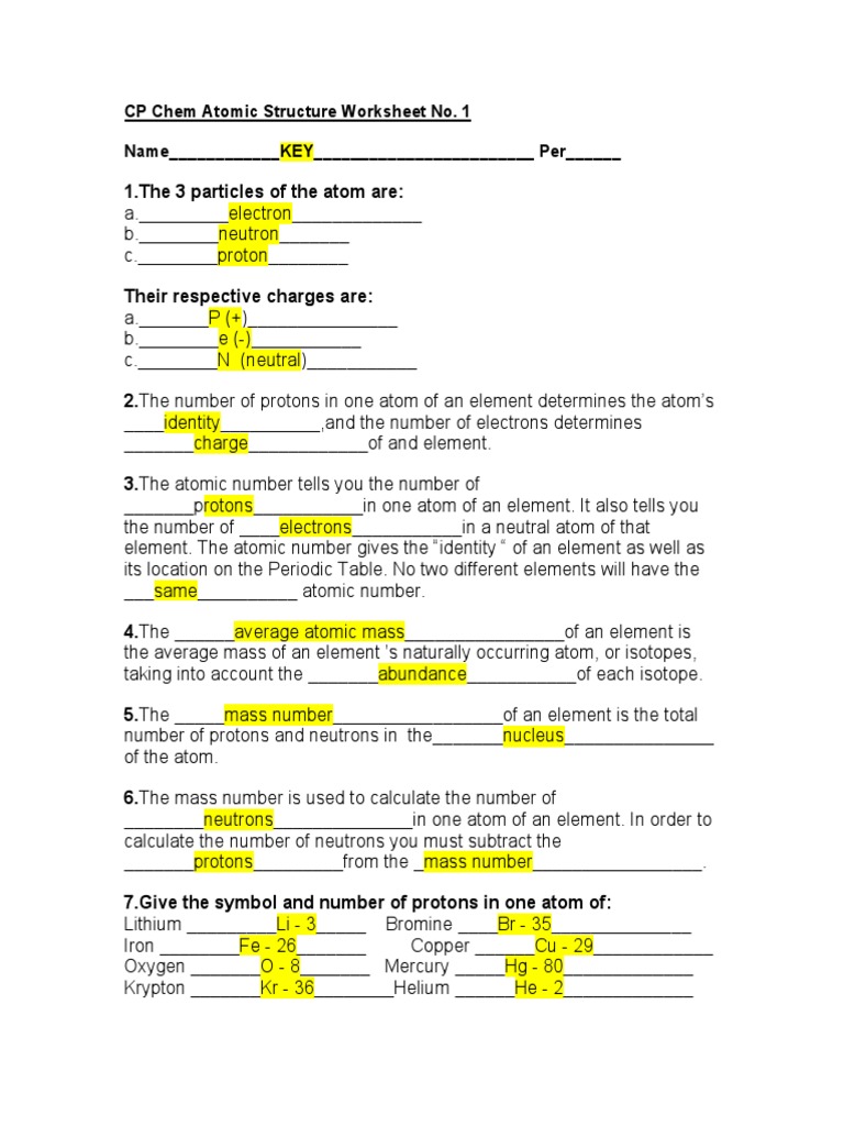 Atomic Structure Worksheet KEY  PDF For Atomic Structure Practice Worksheet Answers