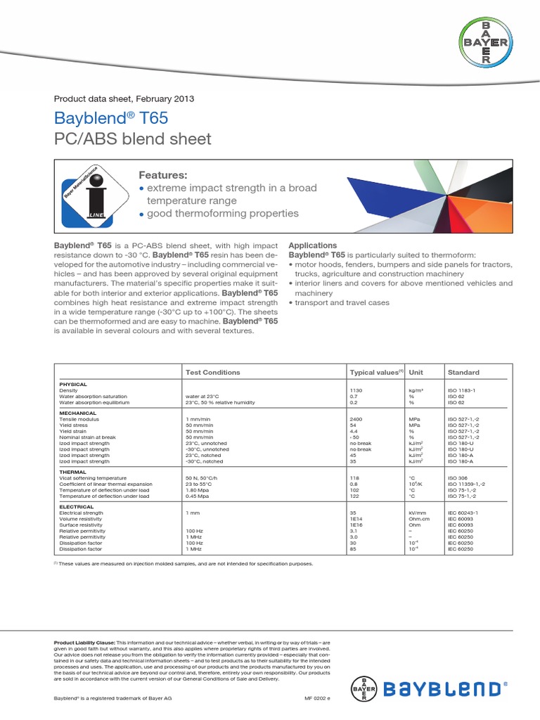 PC ABS ( BAYER Bayblend® T65 ) Strength Of Materials Physical
