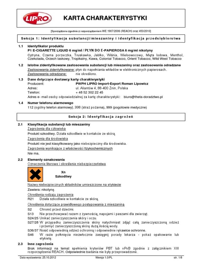 (PL) Karta Charakterystyki Liquid P1 6 Wartoscnikotyny 25.10.2012 PDF