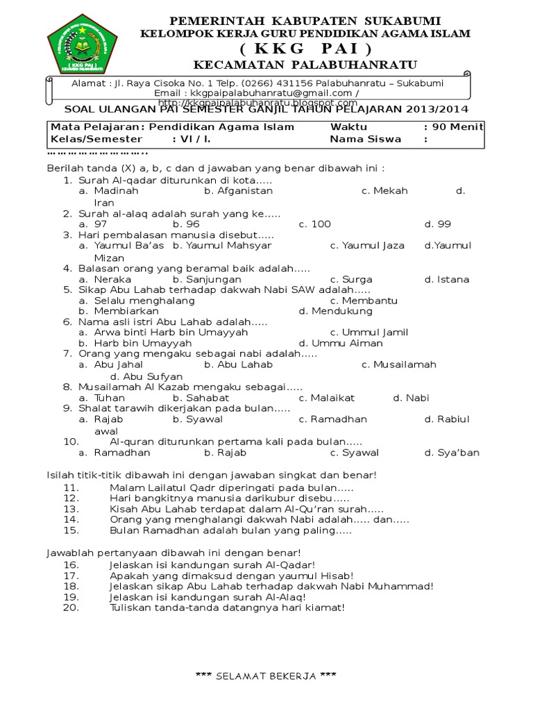 Soal PAI SD Kelas 6 Semester 1