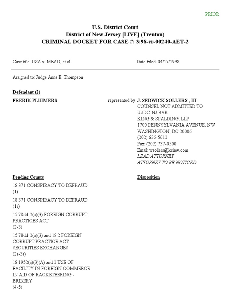 U.S. v. Pluimers Docket Sheet PDF New Jersey Social Institutions