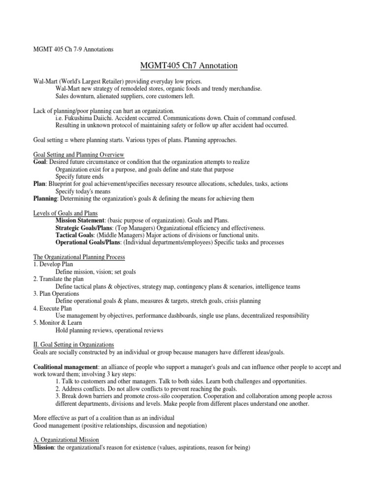 MGMT 405 Chapters 7, 8 & 9 Annotations | PDF | Strategic Management | Goal