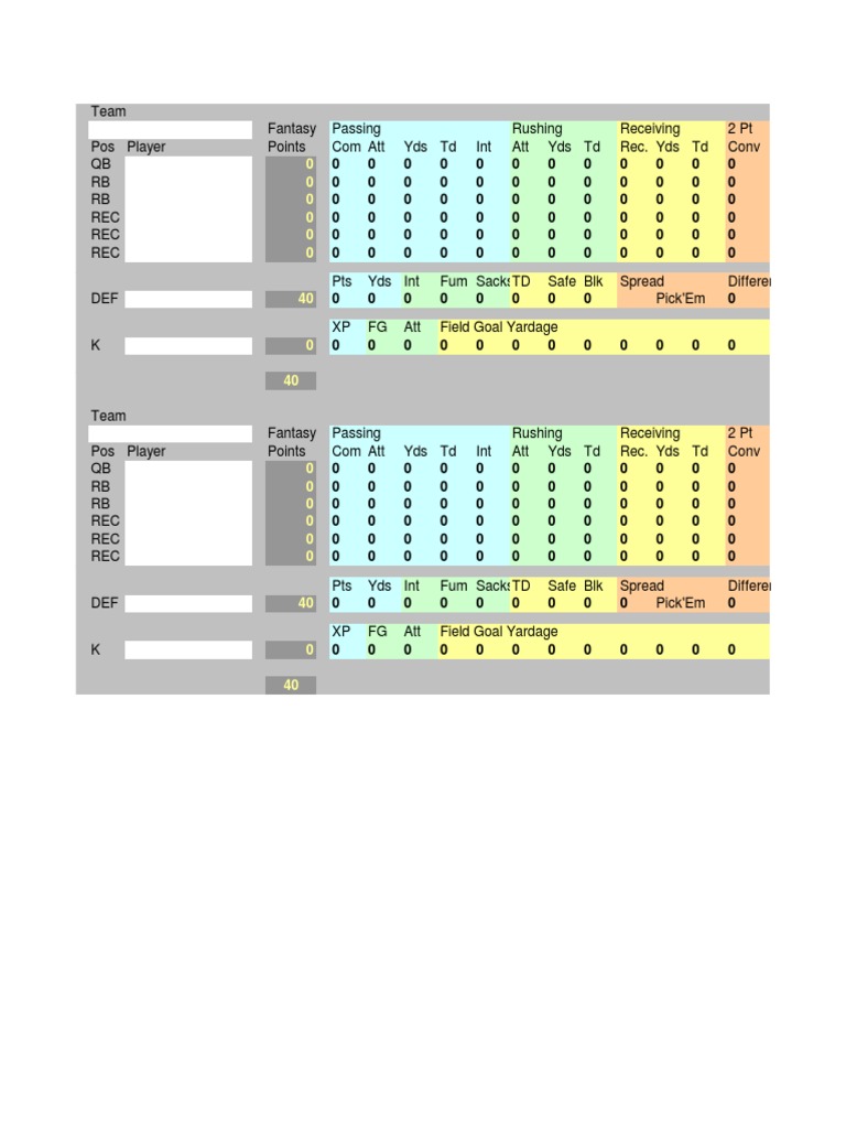 Fantasy Football Score Calculation Grid | PDF | National Football ...
