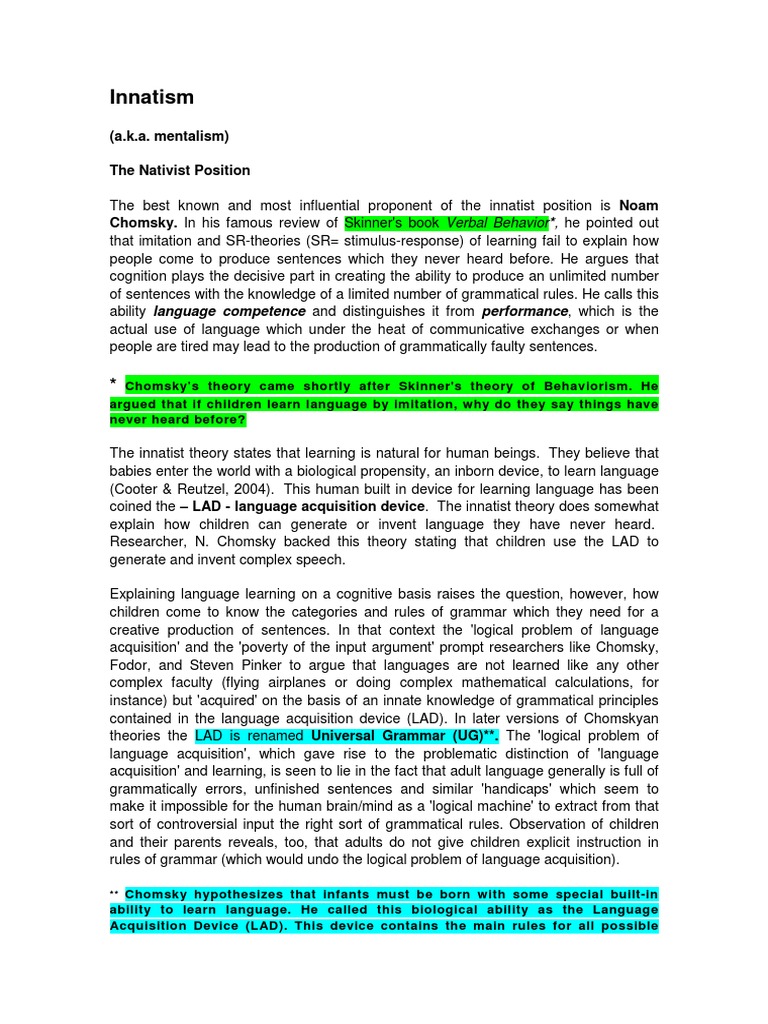 Innatist Theory of Language Acquisition | PDF | Language Arts & Discipline