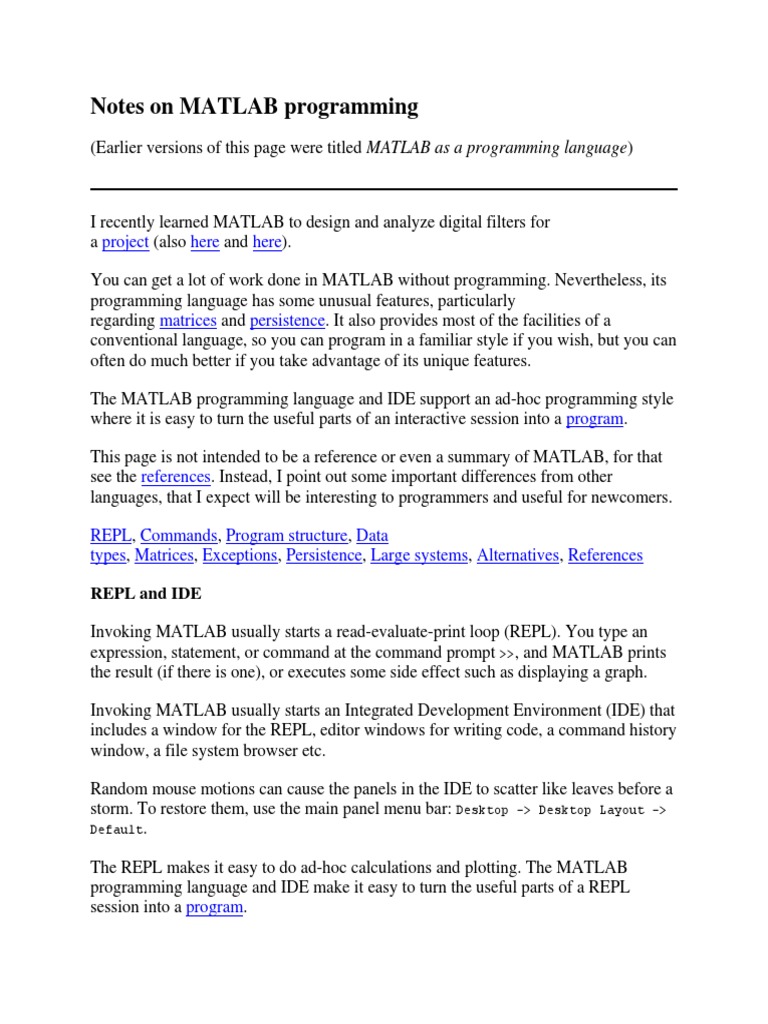Notes On MATLAB Programming | PDF | Matrix (Mathematics) | Array Data ...