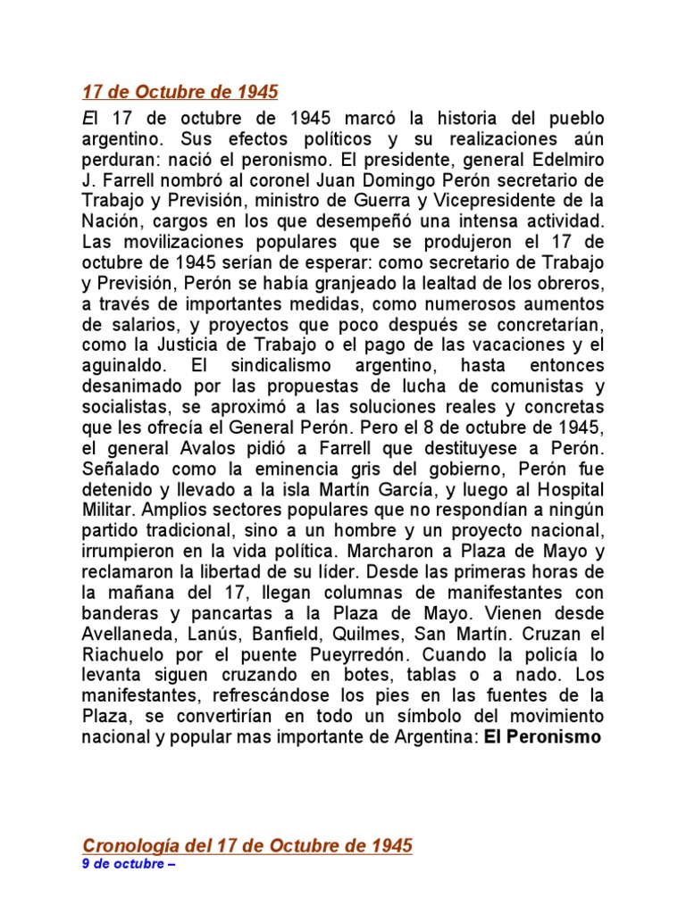 El 17 de Octubre de 1945 Marcó La Historia Del Pueblo Argentino | PDF ...