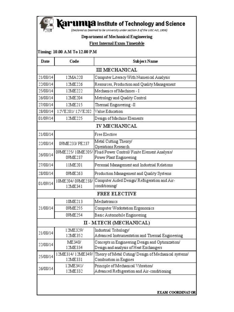 First Internal Exam Timetable | PDF | Technology & Engineering