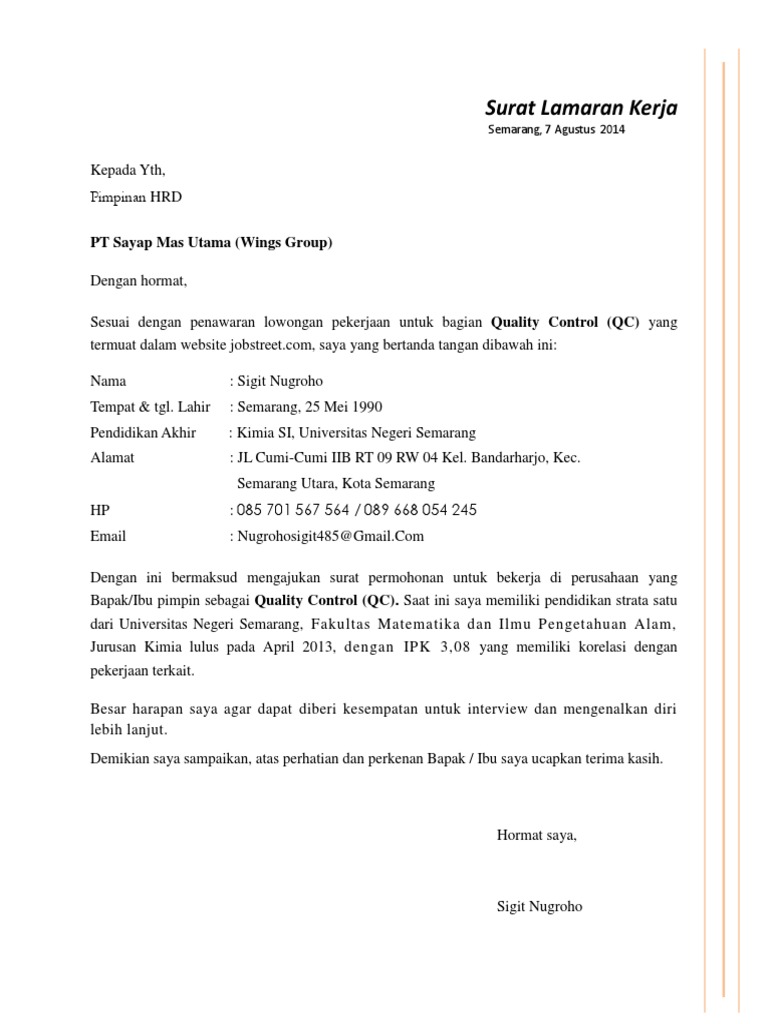 Contoh Surat Lamaran Kerja Di Pt Wings