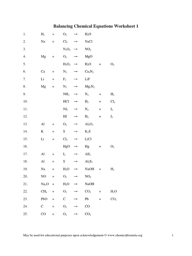 worksheet Balancing Chemical Equations Worksheet 1 Answer Key balancing chemical equations worksheet chemicalformula org pdf sets of chemical
