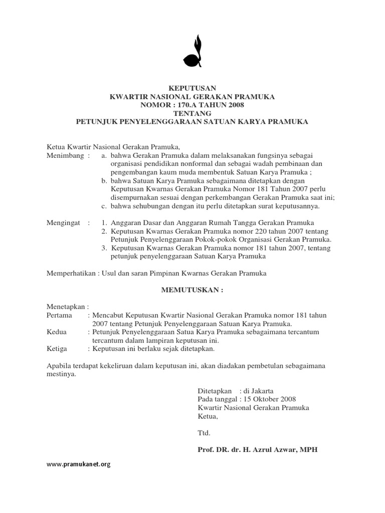 Sk Kwarnas No 170 A Th 2008 Tentang Pp Satuan Karya Pramuka