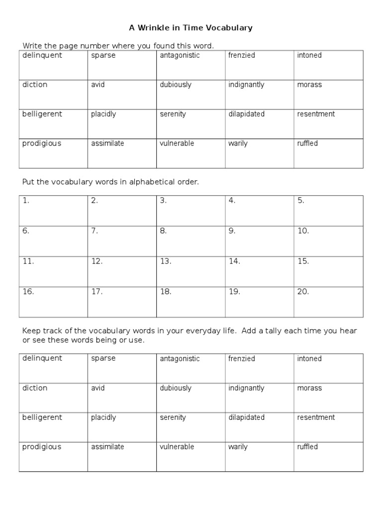 A Wrinkle in Time Vocabulary | PDF