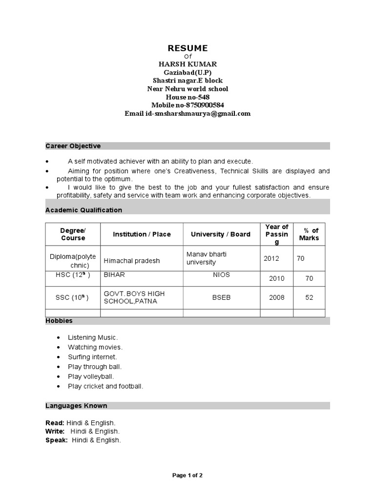Resume of Harsh Kumar from Shastri Nagar | PDF | Career & Growth