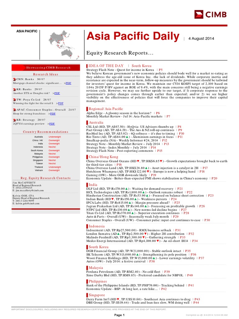 Asia Pacific Market Insights - Aug 2014 | PDF | Dow Jones Industrial  Average | Mergers And Acquisitions