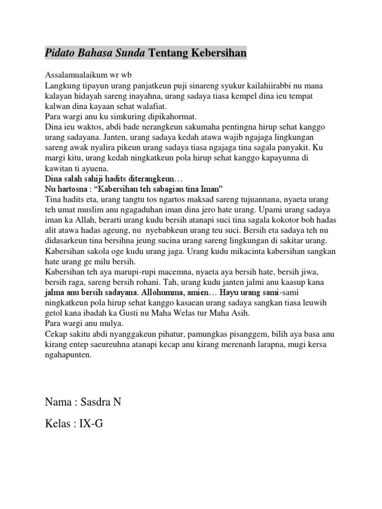 Pidato Bahasa Sunda Tentang Kebersihan