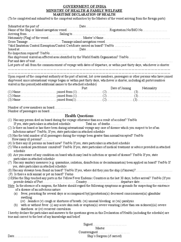 Maritime Declaration Of Health doc Infection Public Health
