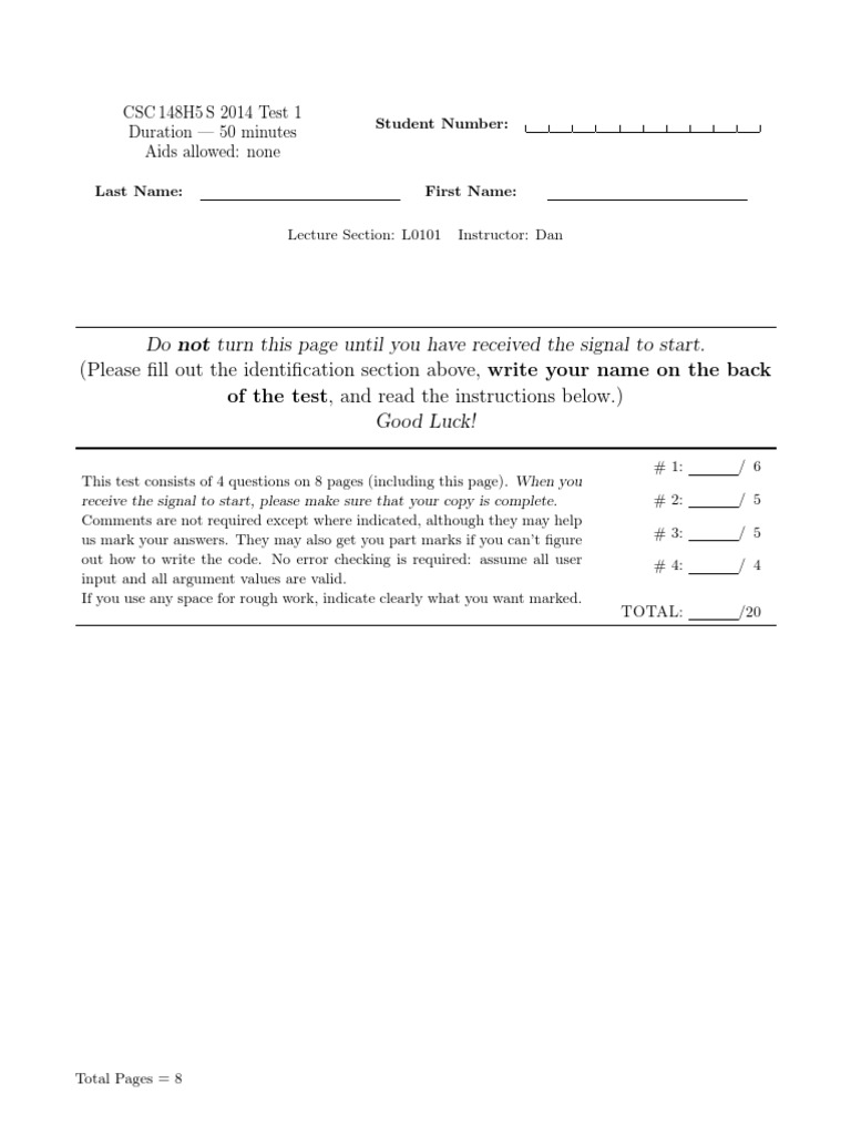 CSC148 TT1 2014W | PDF | Parameter (Computer Programming) | Letter Case