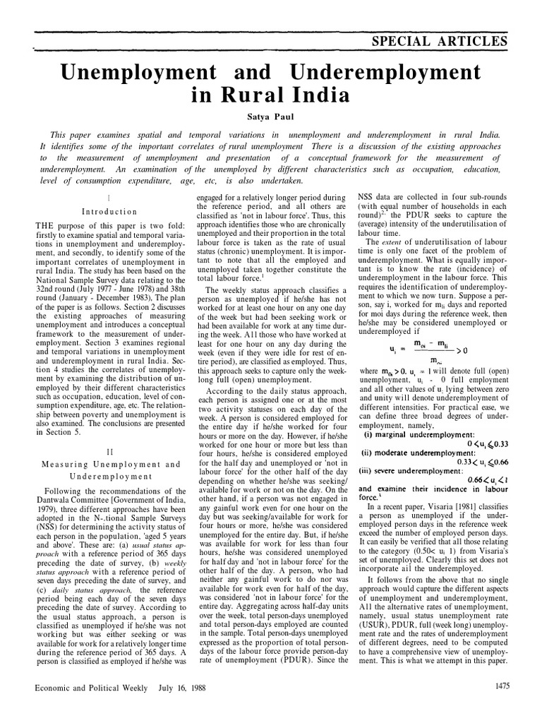 Unemployment and Underemploymentin Rural India | PDF | Underemployment ...
