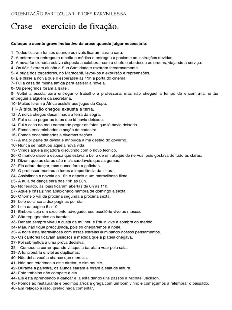 Crase Exercicios de Fixação Com Gabarito | PDF