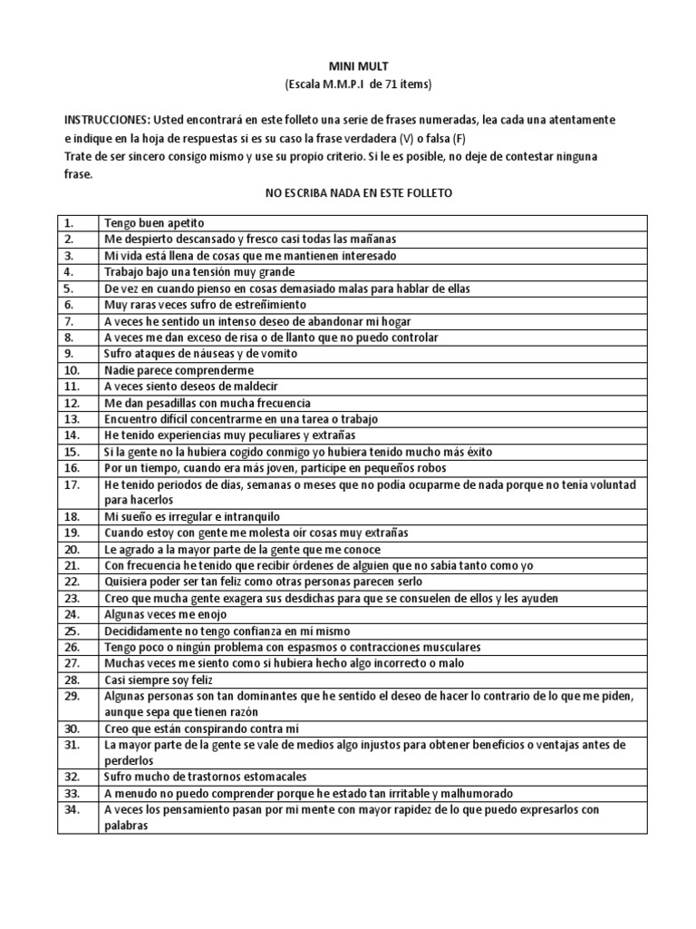 Test Mini Mult: Instrucciones y Ejemplo | PDF | Sicología