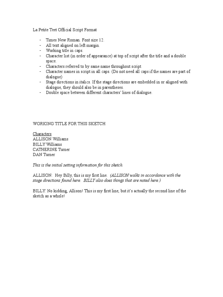 La Petite Teet Script Formatting Guide | PDF