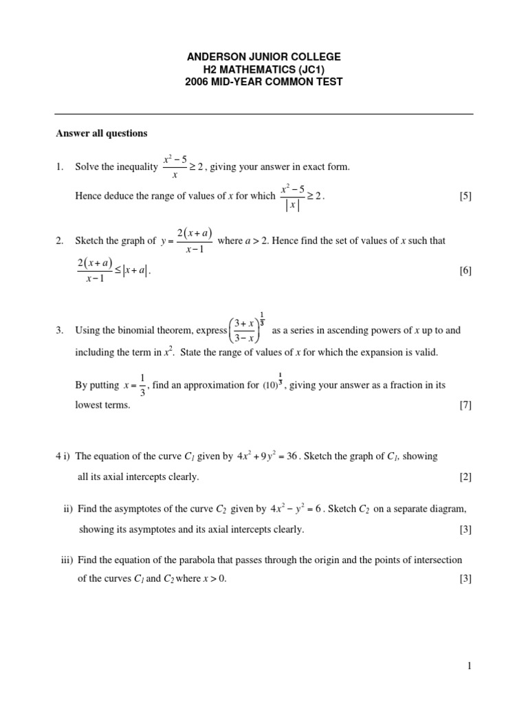 JC1 H2 Mathematics Mid-Year Test 2006 | PDF | Sequence | Summation