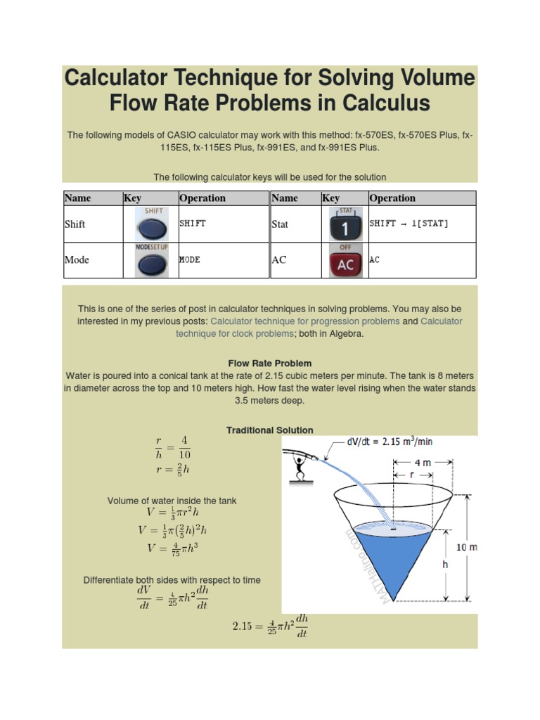 Calculator Technique for Solving Volume Flow Rate Problems in Calculus