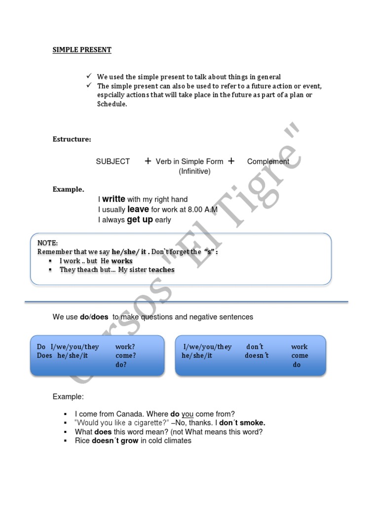 Writte Leave Get Up: Simple Present | PDF | Verb | English Language
