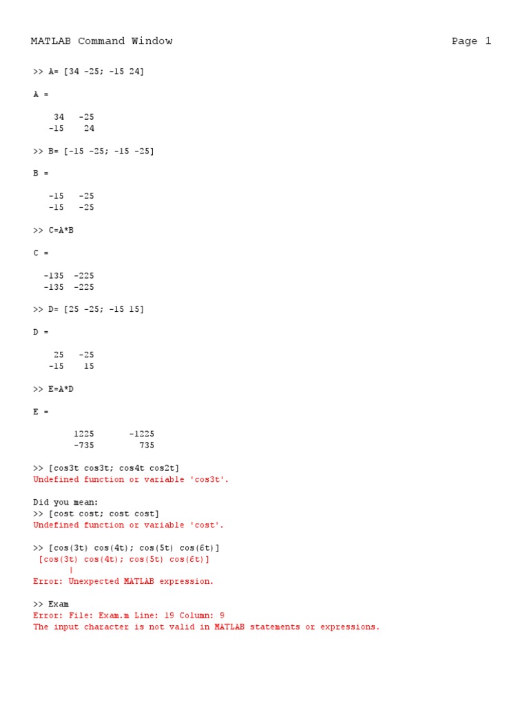 MATLAB Matrix Operations and Exponentials | PDF | Exponential Function ...