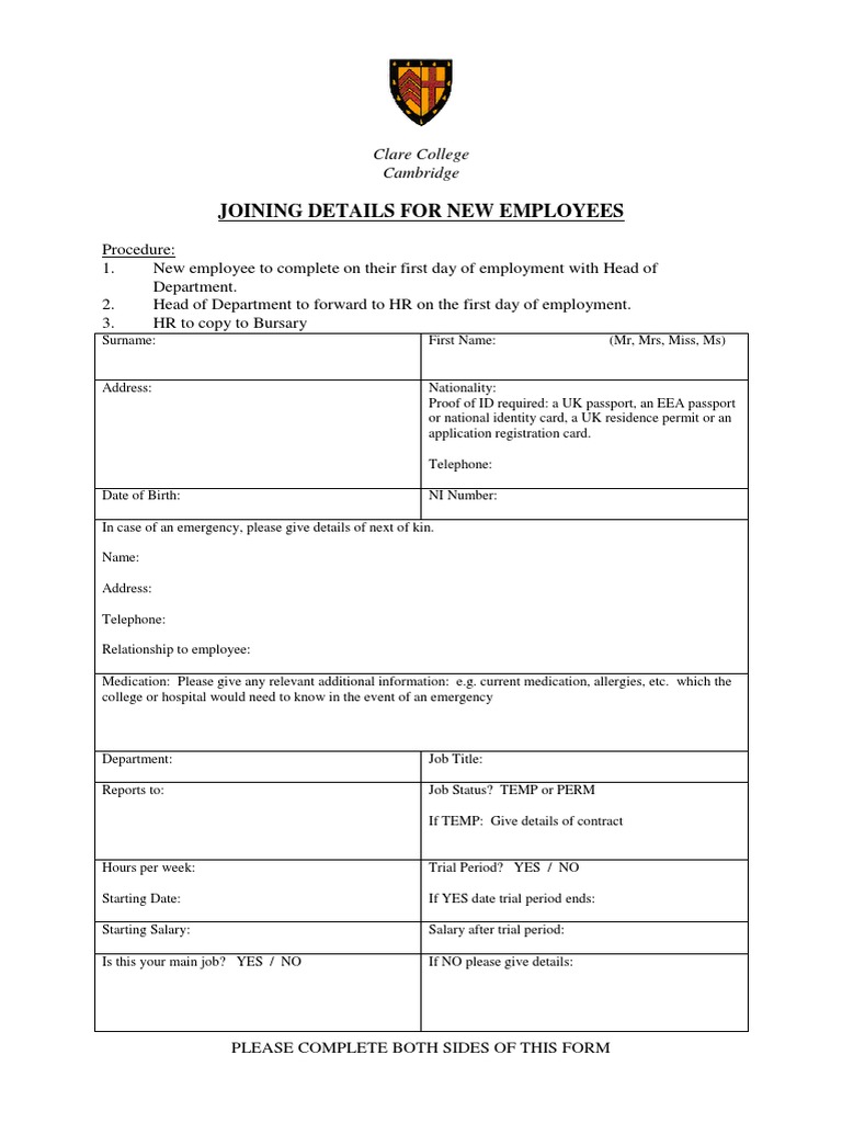 New Employee Joining Form | PDF | Career & Growth