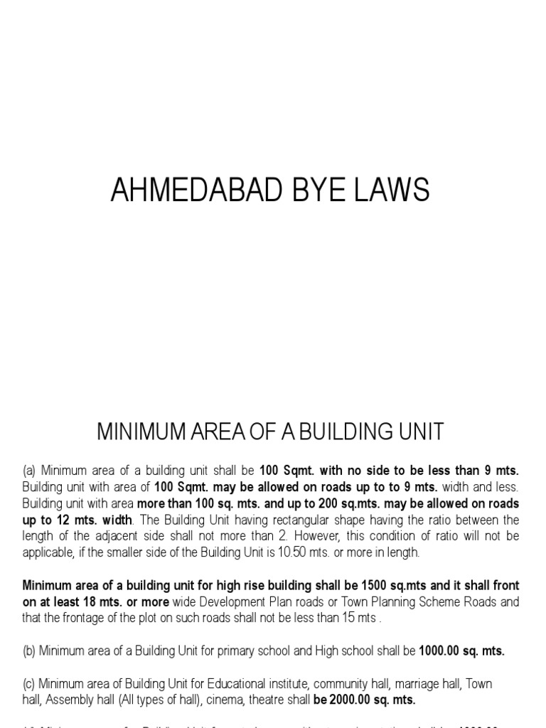 Ahmedabad Bye Laws on Minimum Building Unit Area, Building Heights