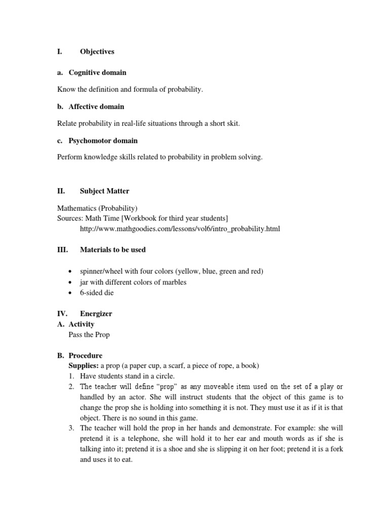 Semi Detailed Lesson Plan On Mathematics Probability Dice Probability